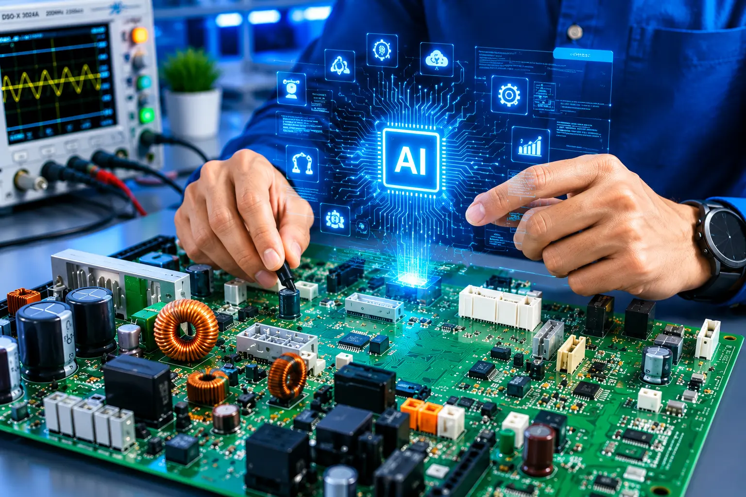 X-ray inspection of an AI accelerator PCB showing dense BGA fanout, power plane stitching vias, and fine-pitch component placement