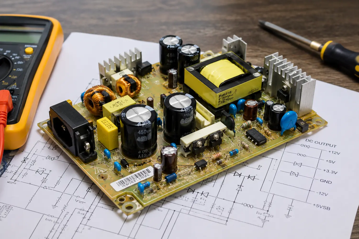 Power supply circuit board with transformer, rectifier bridge, filter capacitors, and voltage regulator ICs