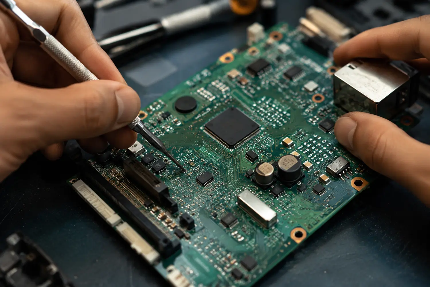 Cross-section of an HDI high-speed PCB showing multiple copper layers, microvias, solder mask, and silkscreen
